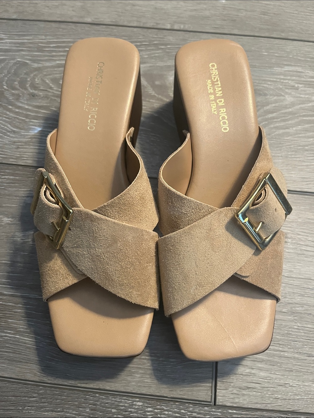 Tan Suede Buckle Crossover Mules